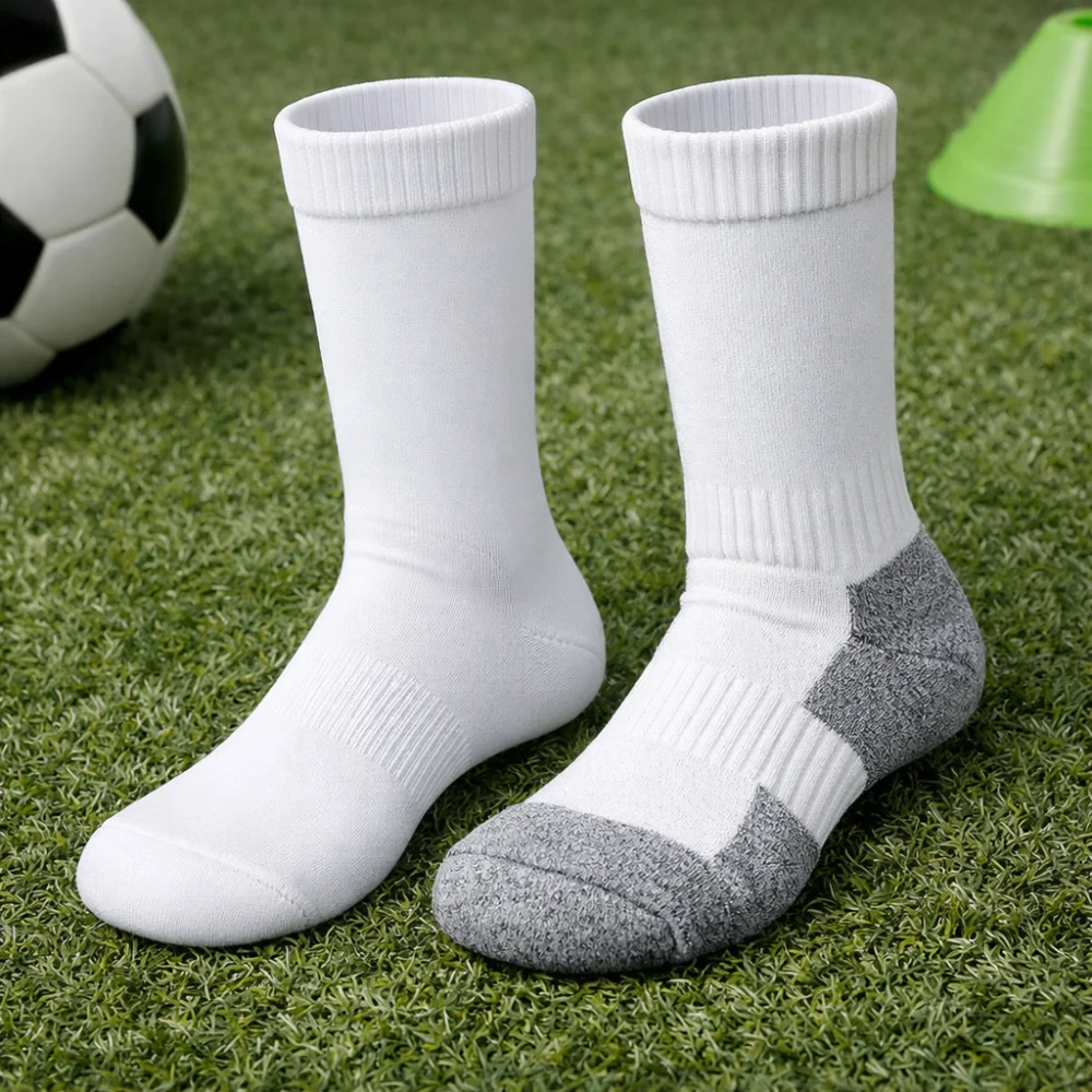 Plain and cushioned football socks shown side by side