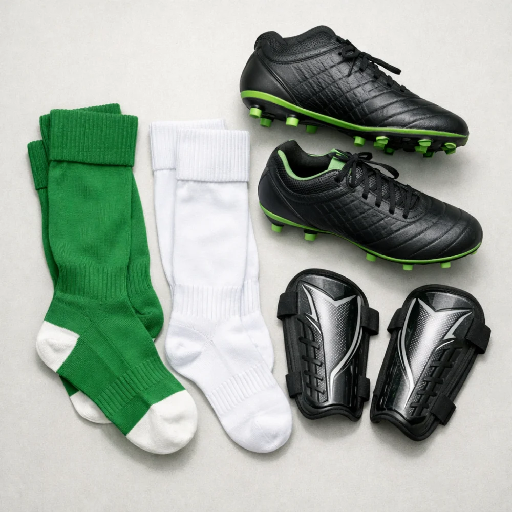 Football socks laid out with football boots and shin pads