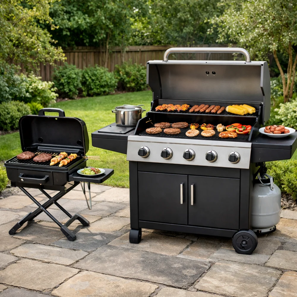 Two different garden BBQ styles shown side by side