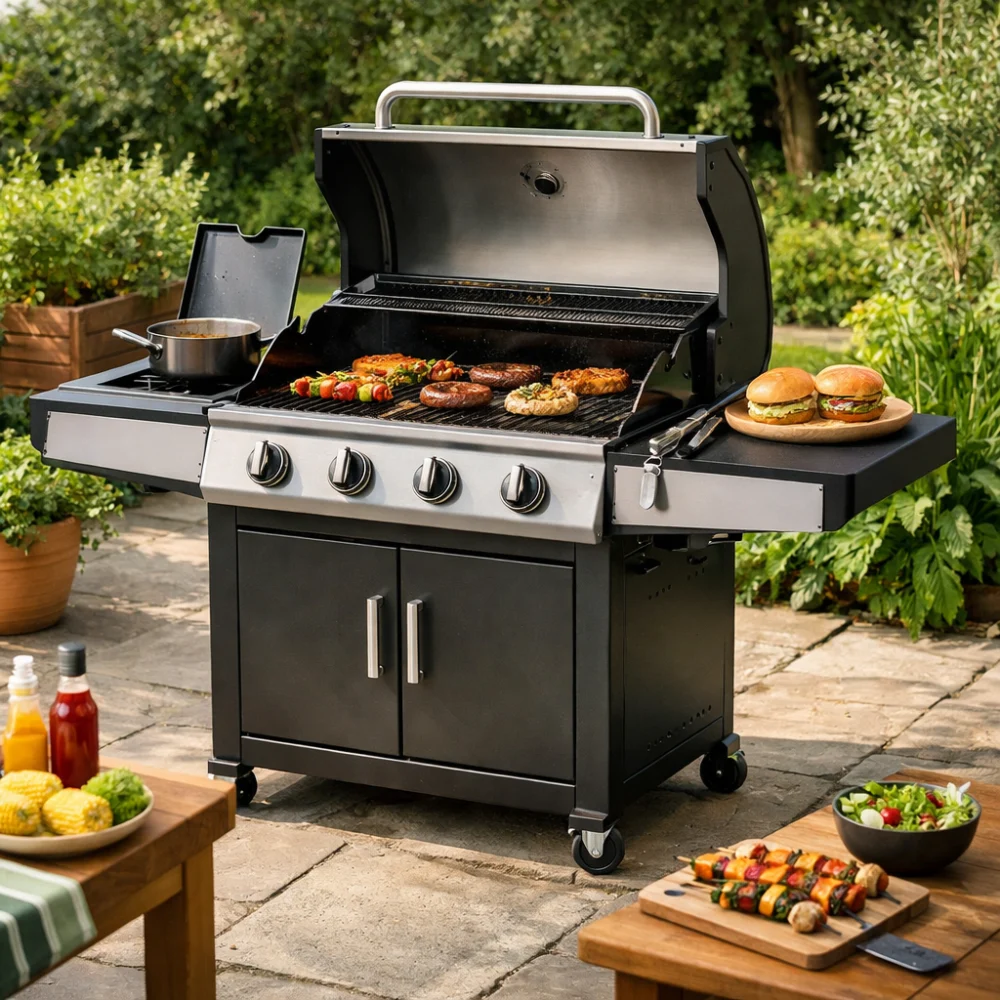 A garden barbecue on a patio in an outdoor setting