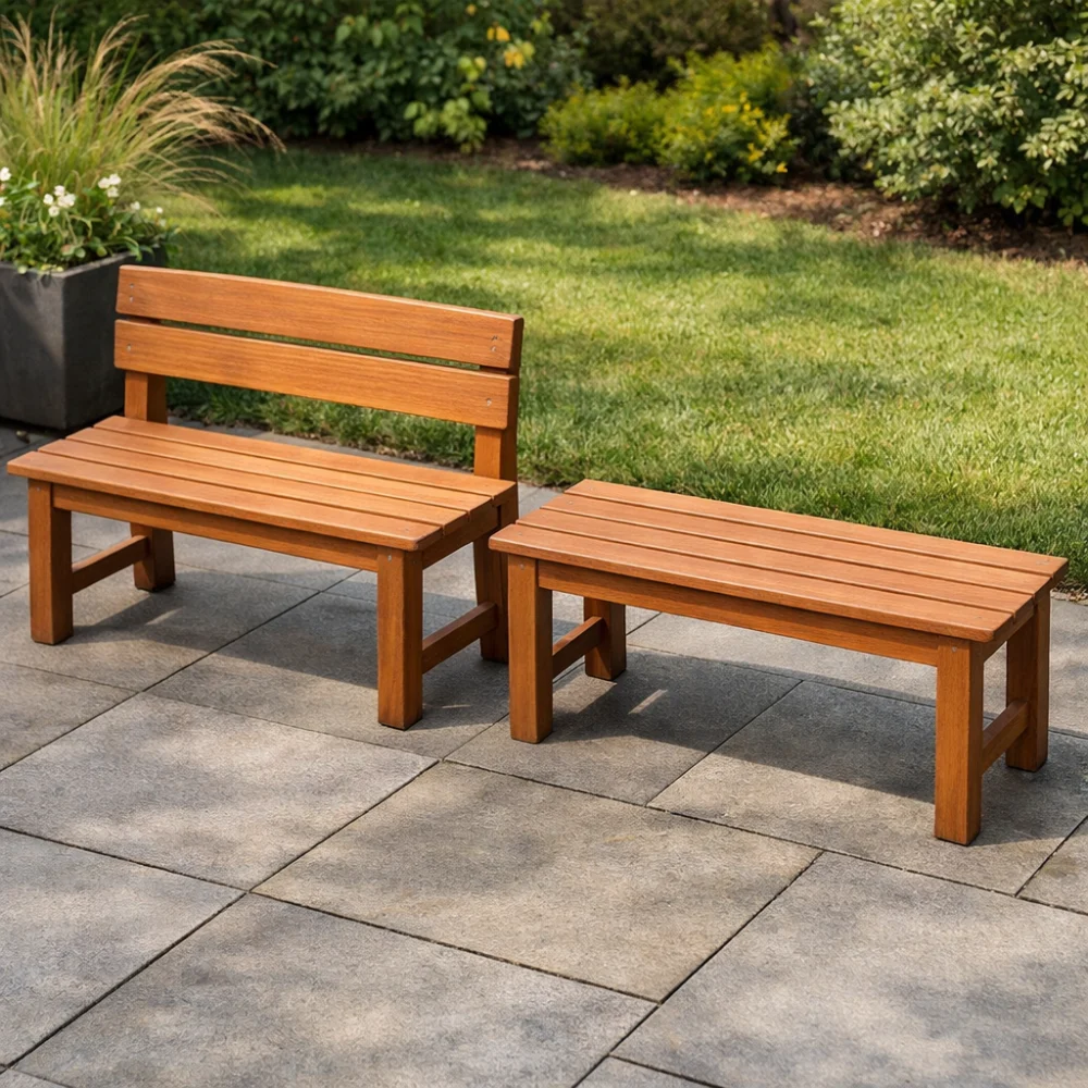 Two different garden bench styles compared side by side