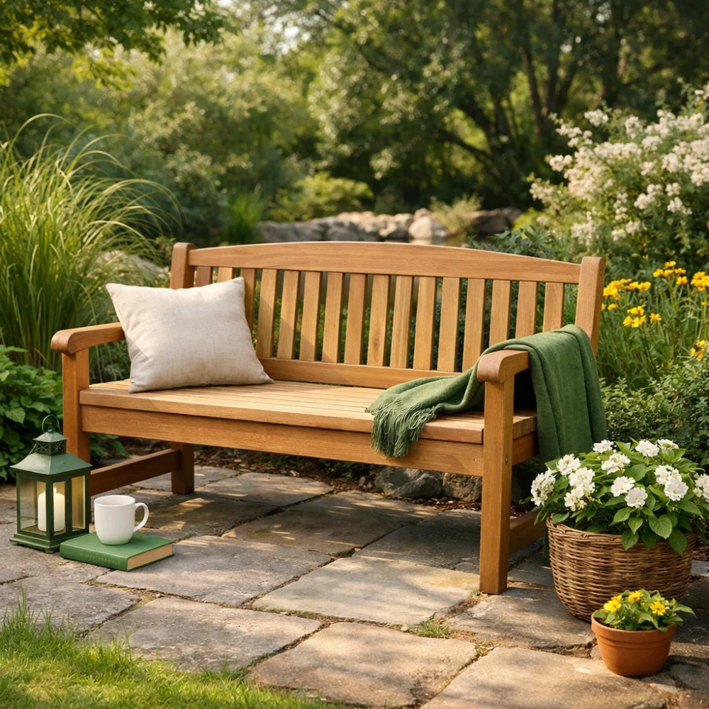 A garden bench in a simple outdoor setting