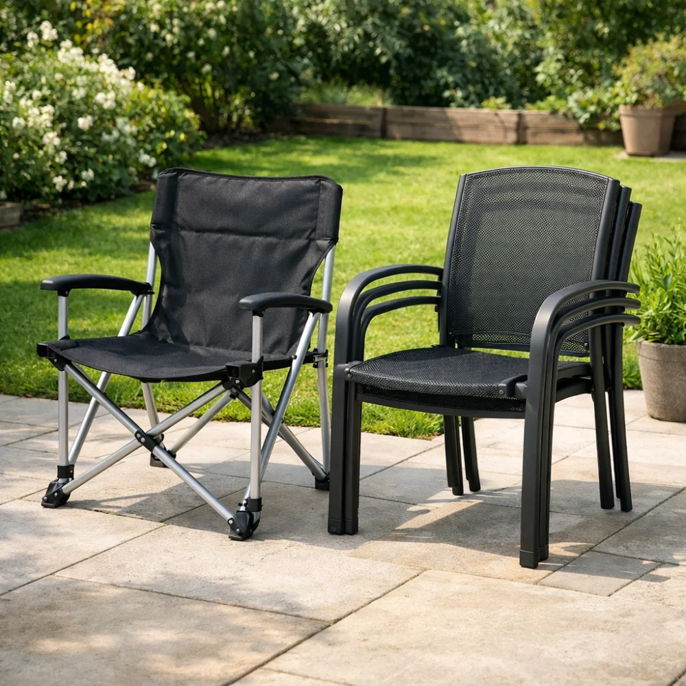 Folding garden chair next to a stackable garden chair