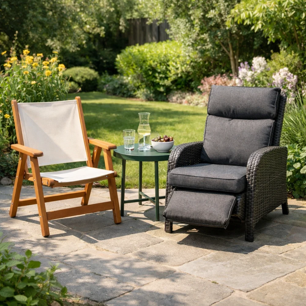 Two plain garden chairs on a patio beside a small table