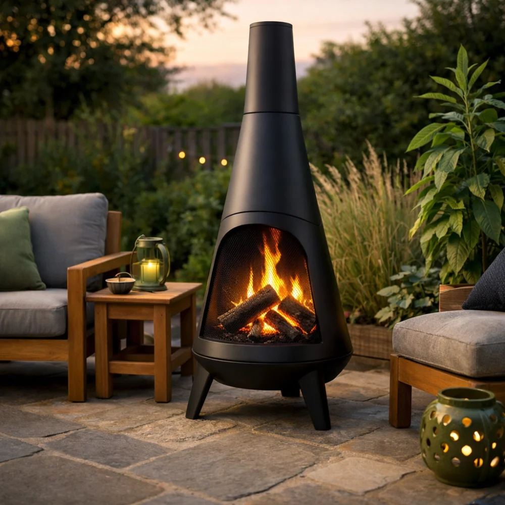 A garden chimenea on a patio beside outdoor seating