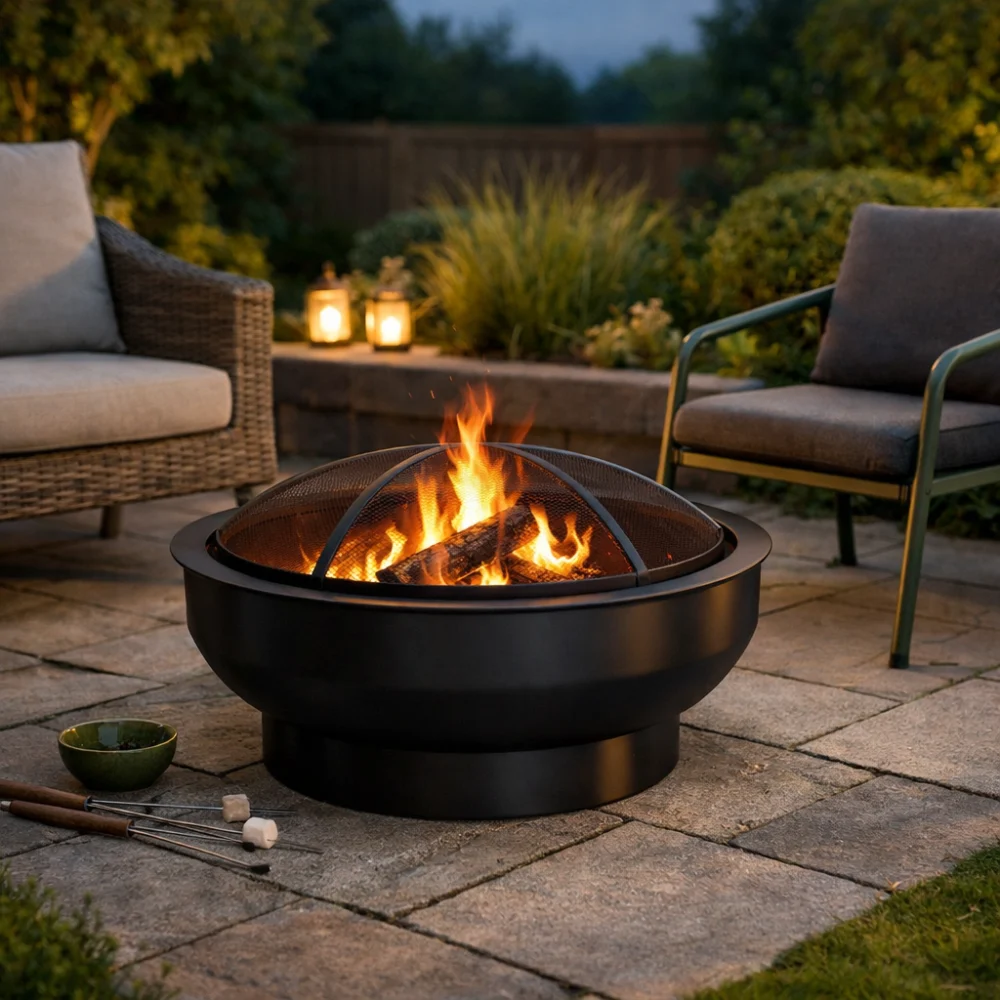 A garden fire pit in a patio seating area at dusk