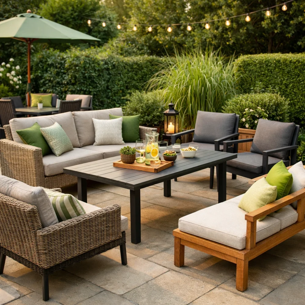 Outdoor garden furniture set arranged on a patio with seating, table and cushions