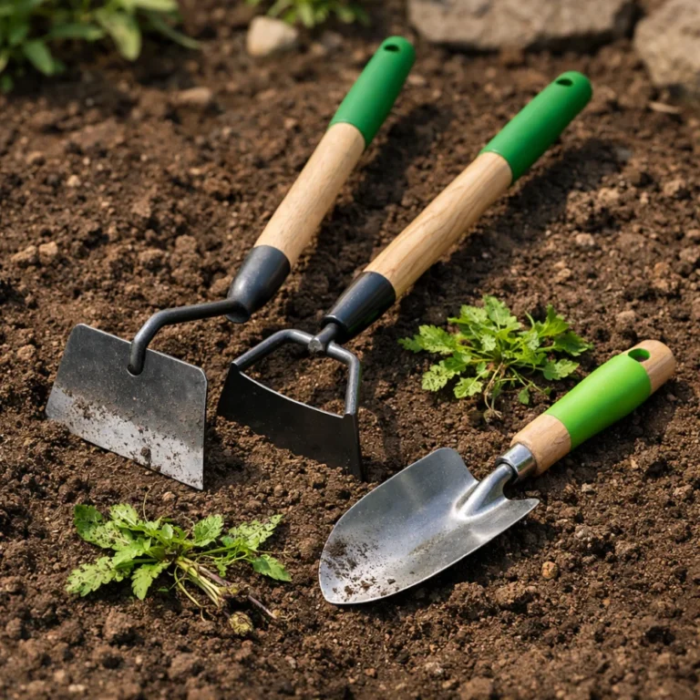 Two garden hoes arranged on a neutral outdoor surface beside soil and small weeds.