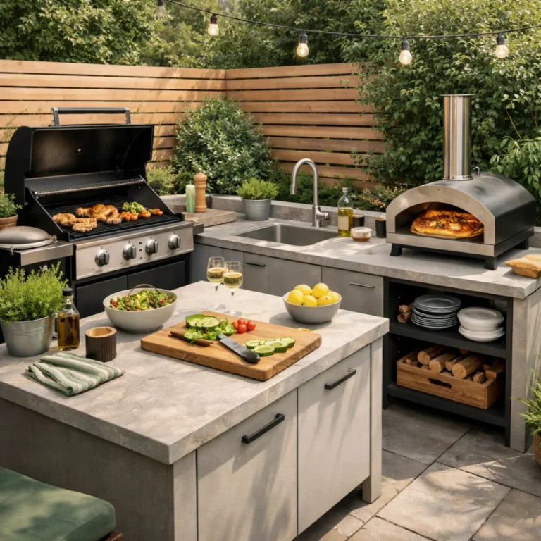 A garden kitchen setup in an outdoor living space