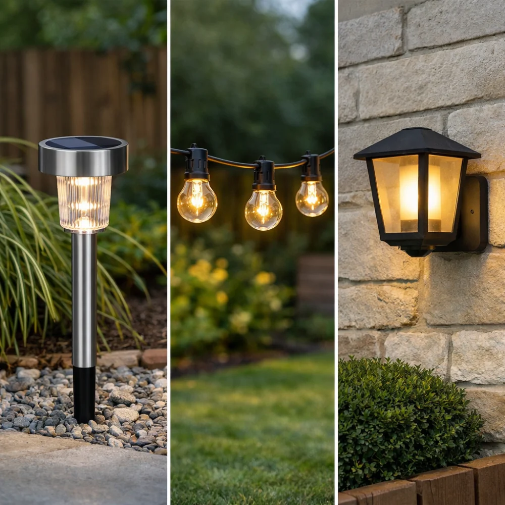 Three different styles of garden lights shown together for comparison.