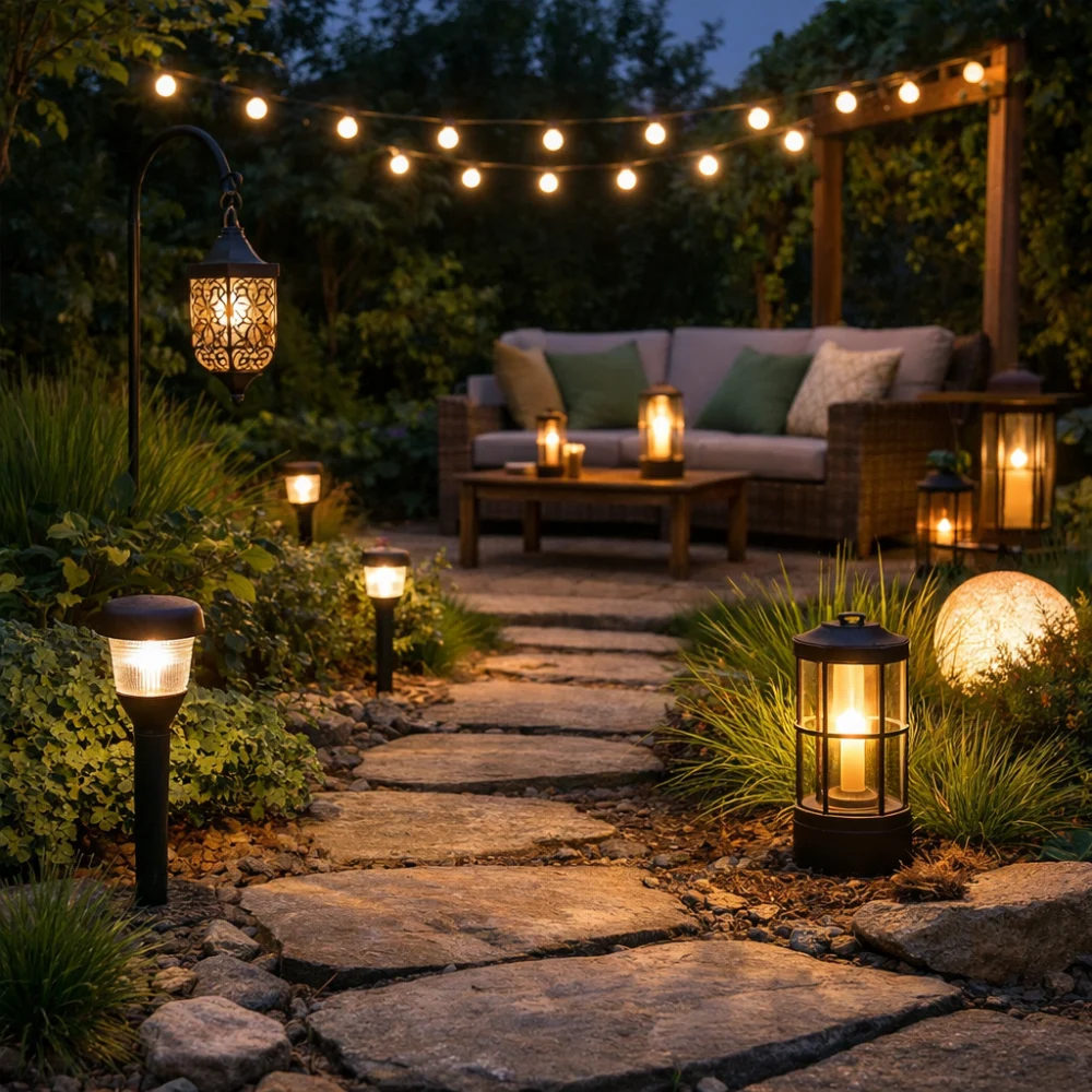 Garden lights illuminating a path and seating area in an outdoor garden.