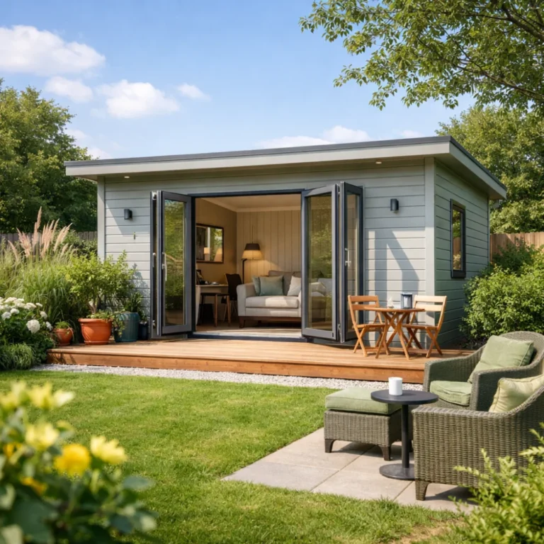 A garden office or summer house set in a tidy domestic garden
