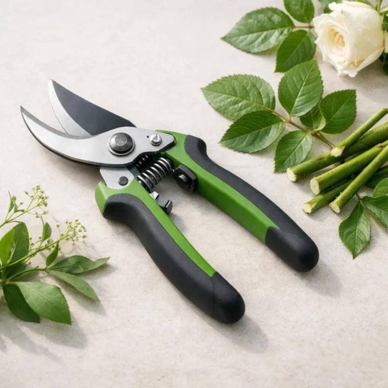 A pair of generic garden pruners beside cut stems and leaves on a neutral background.