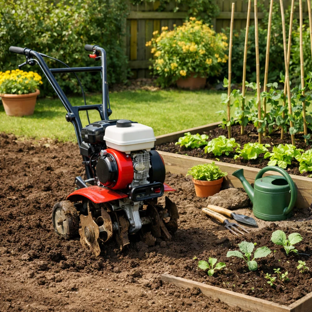 A garden rotavator on prepared soil in a domestic garden