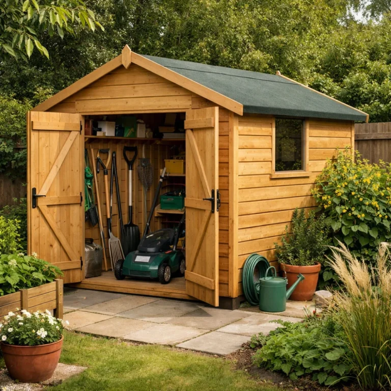 A garden shed in a garden setting