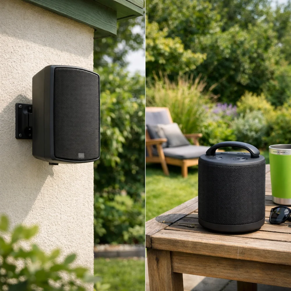 Two different garden speaker styles shown in a garden setting for comparison.