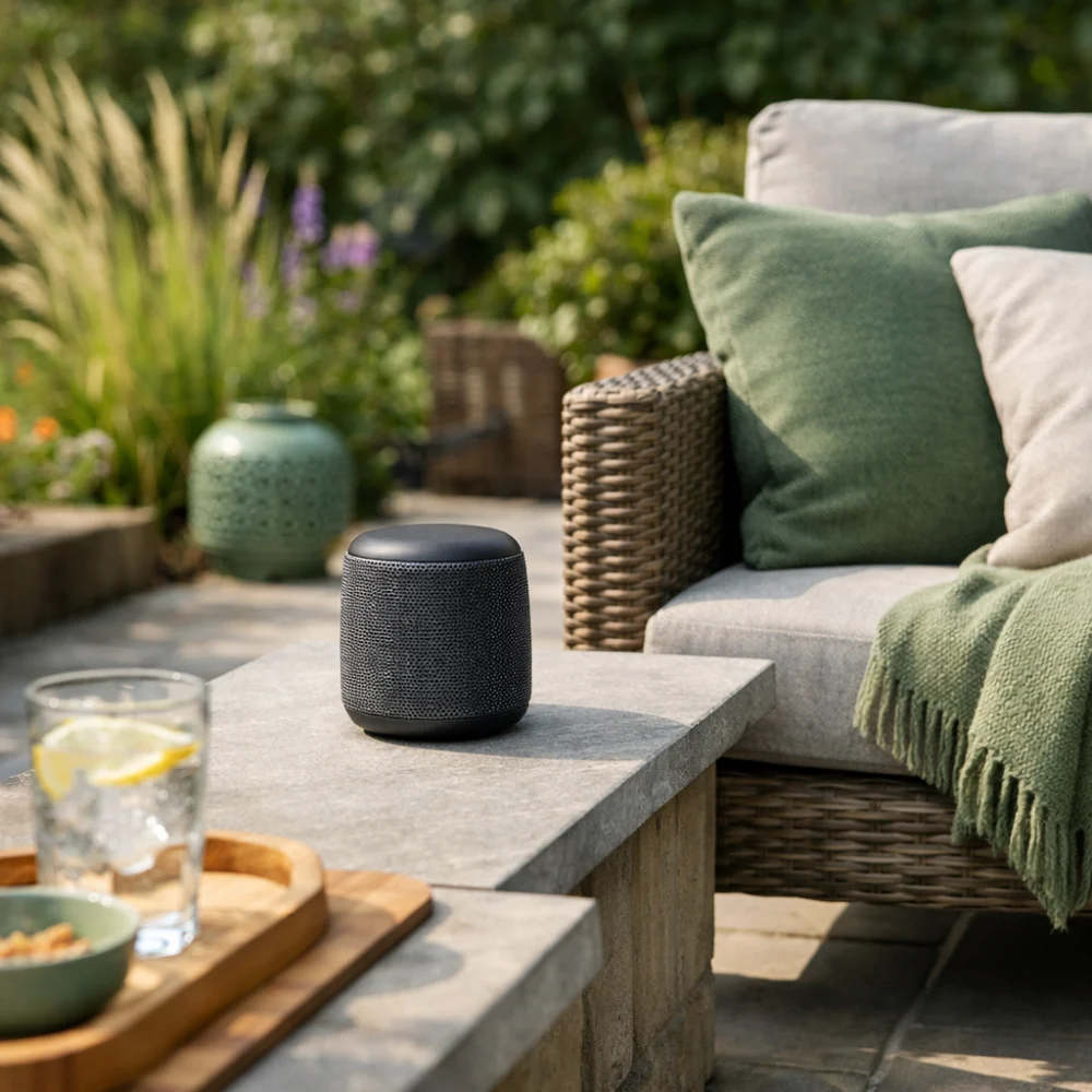 Outdoor garden speaker placed on a patio beside seating in a garden setting.