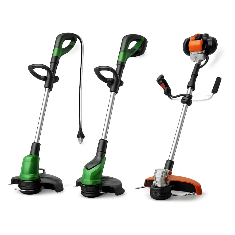 Three types of garden strimmer shown for comparison