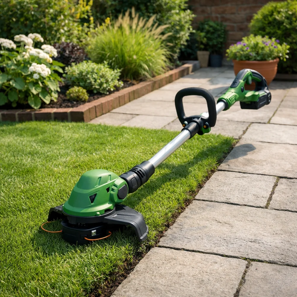 A garden strimmer beside trimmed lawn edges in a tidy garden