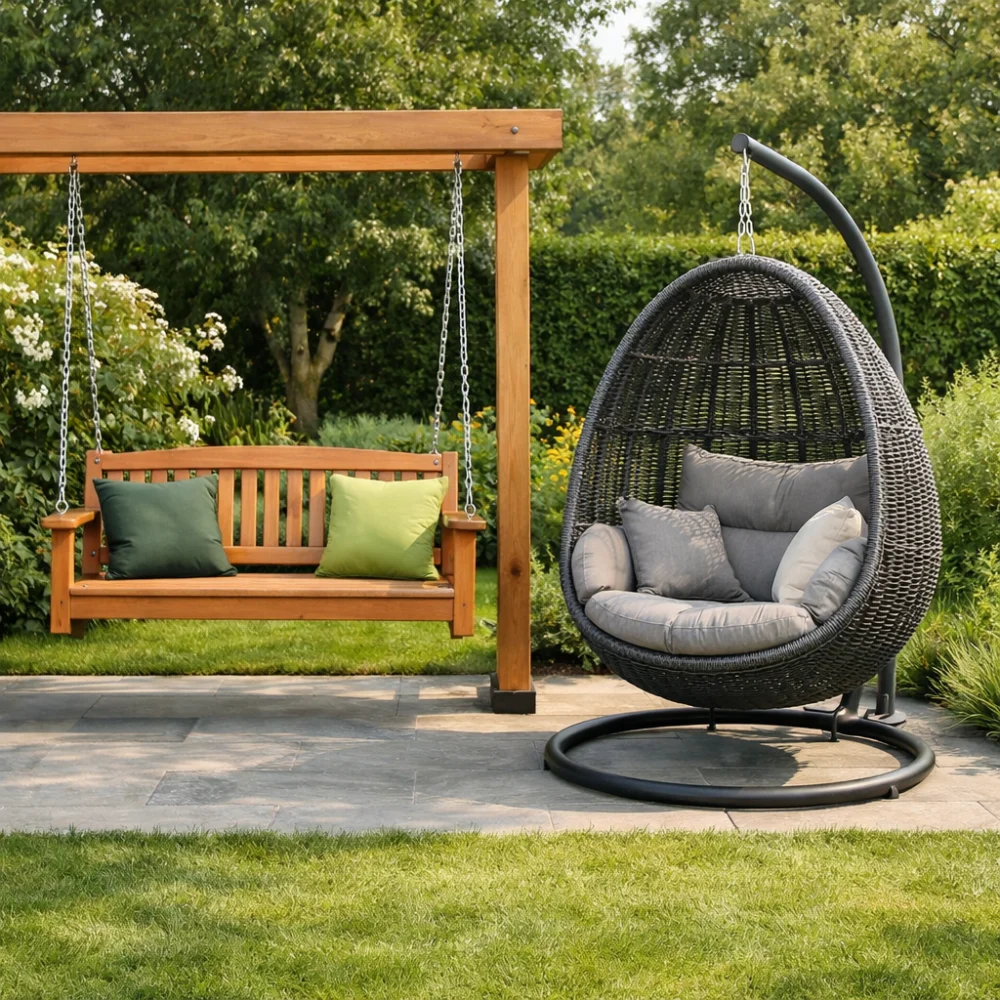Comparison of open swing bench and cocoon-style garden seat