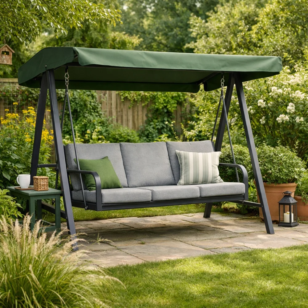 Garden swing seat in a relaxed outdoor seating area