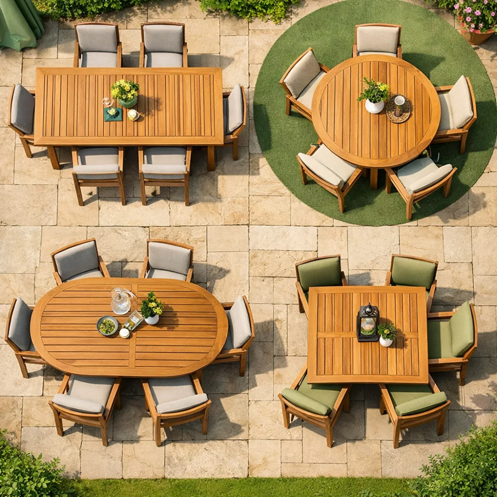 Different garden table shapes in a patio setting