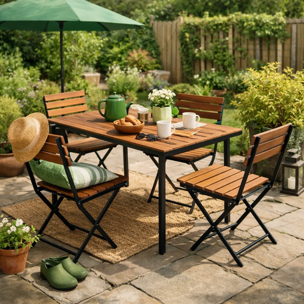 A garden table on a patio with casual outdoor seating