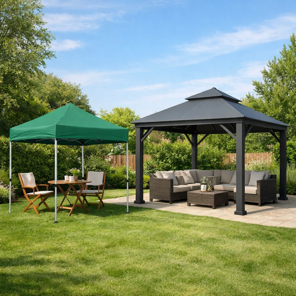 Editorial image of two gazebo styles in a simple garden setting