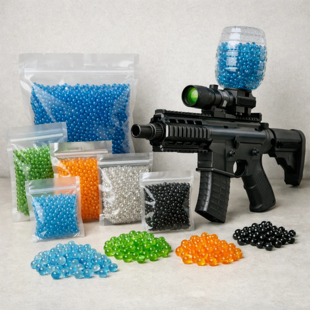 Assorted gelball ammo refill packs and loose gel balls arranged on a neutral surface.