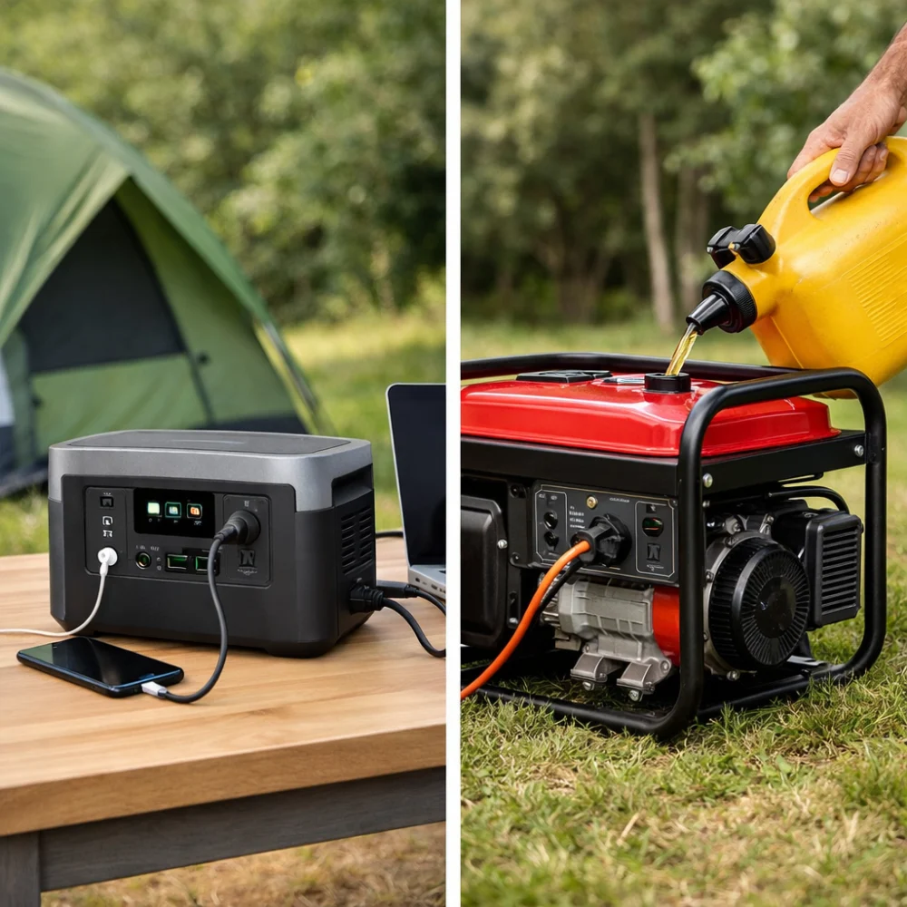Side-by-side view of a portable power station and a small generator