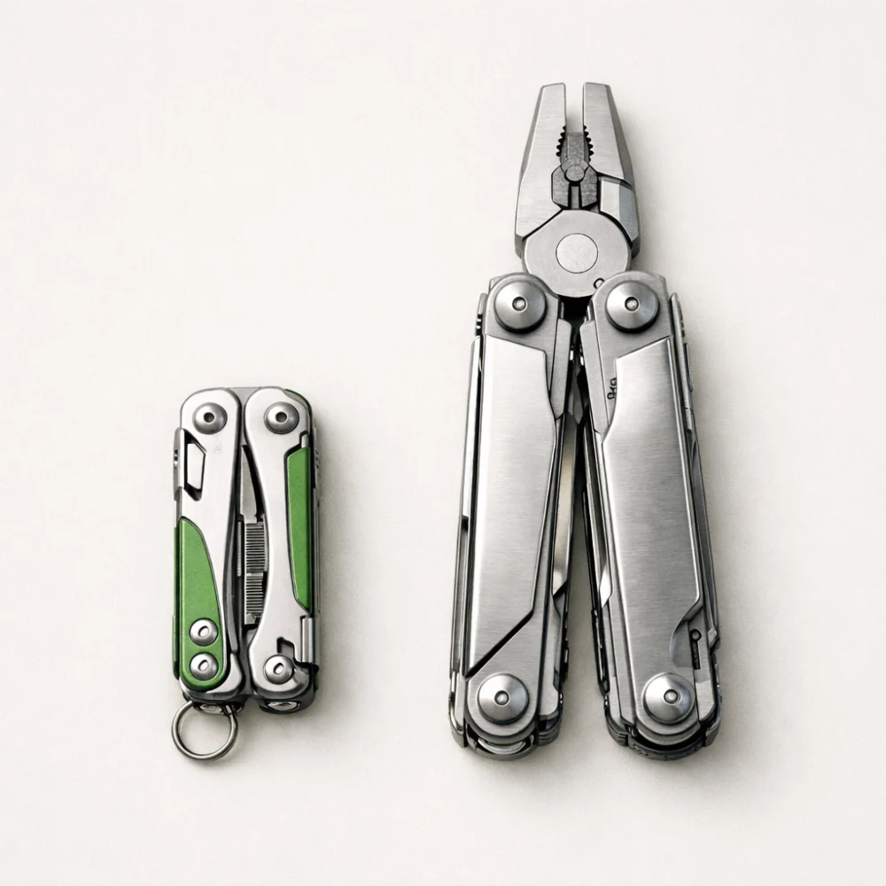 Two generic multi tools of different sizes shown side by side on a plain background.