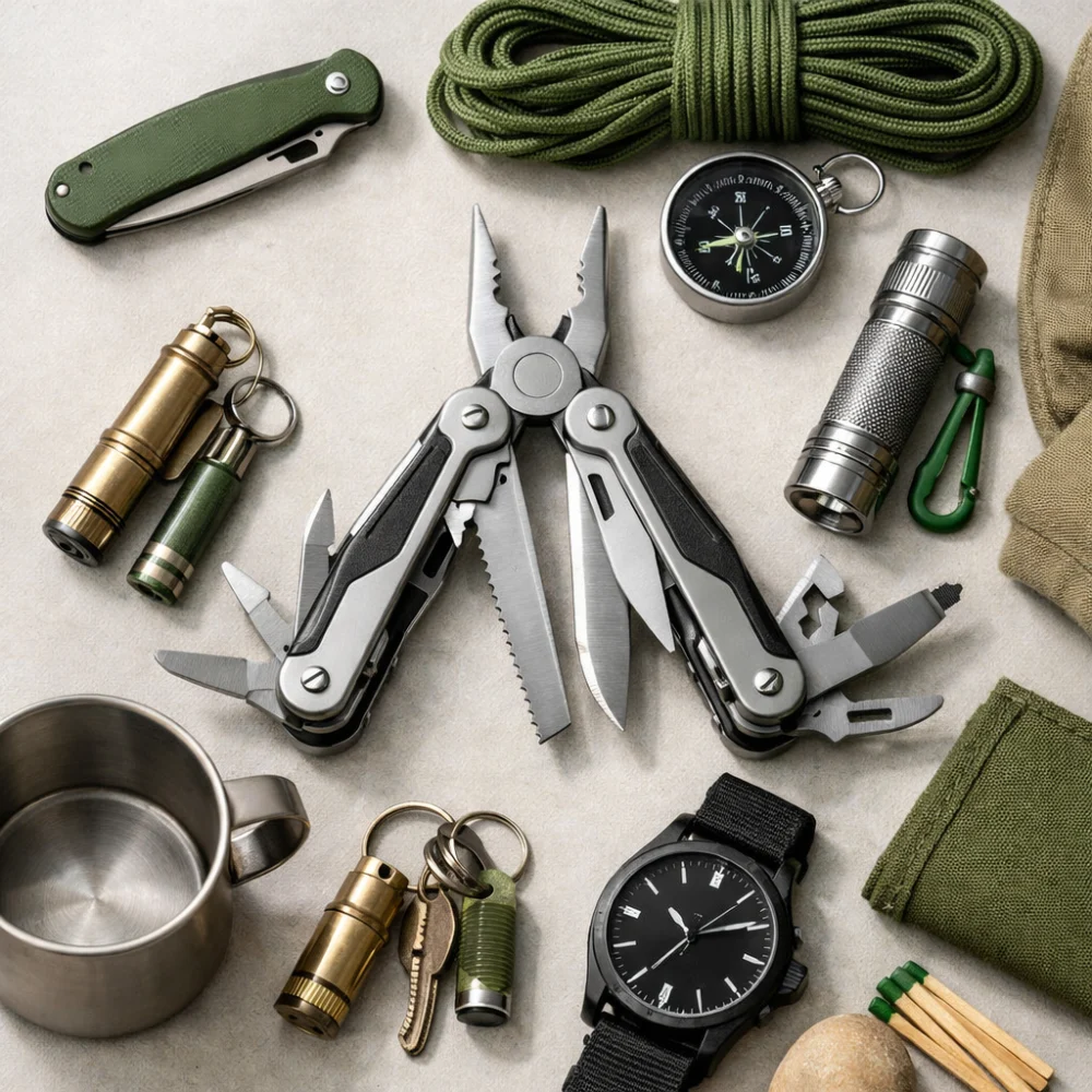 A generic multi tool arranged with simple everyday carry and camping items on a neutral background.
