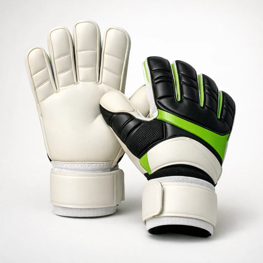 A pair of goalkeeper gloves on a neutral background