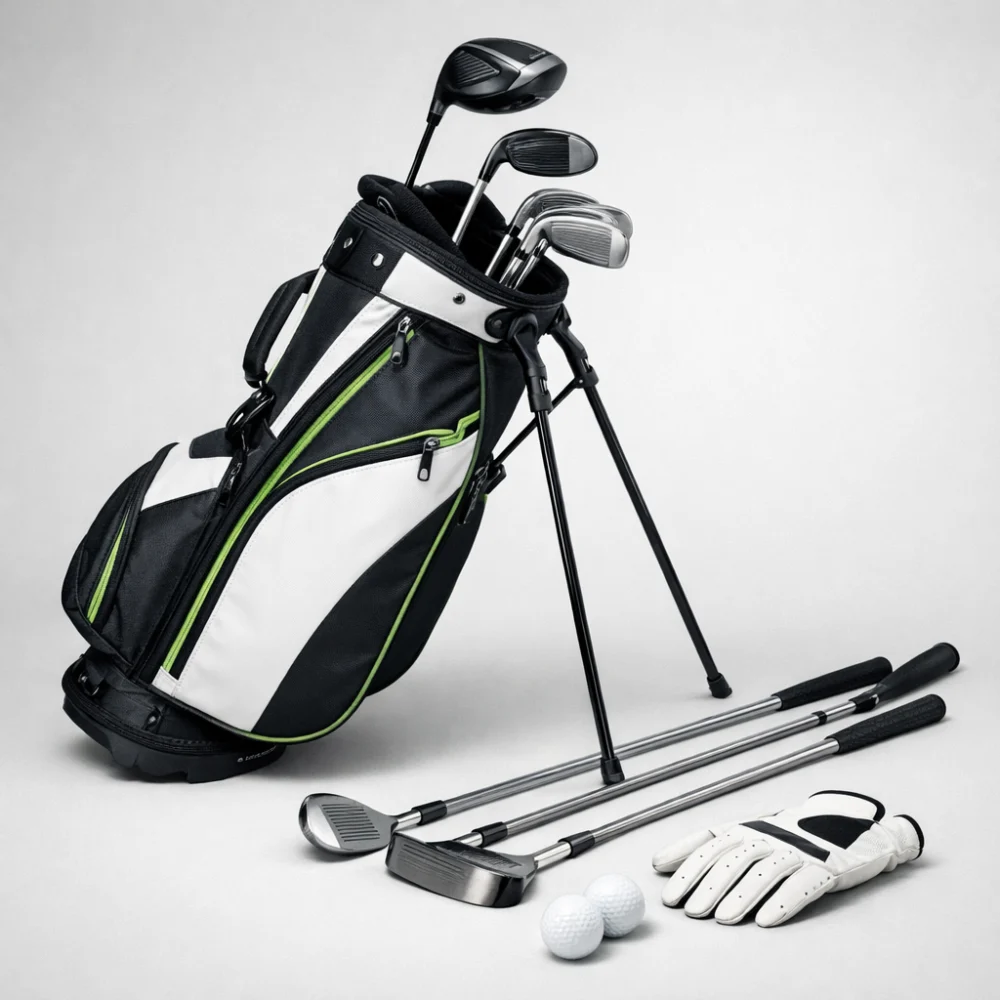 A golf bag with clubs and accessories on a neutral background