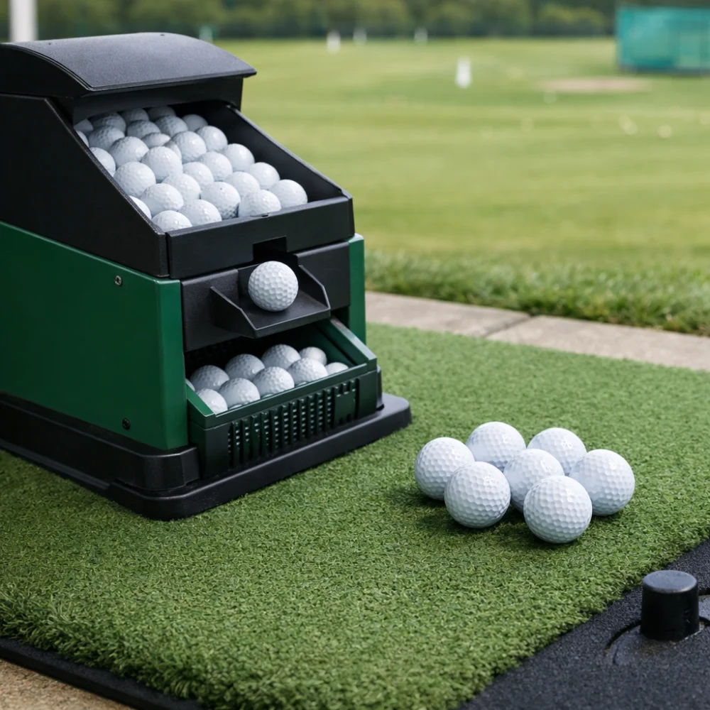 A golf ball dispenser in a practice setting with golf balls nearby