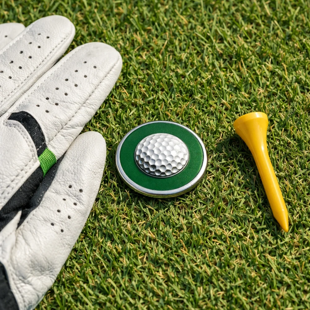 A golf ball marker placed beside a golf glove and tee on grass.