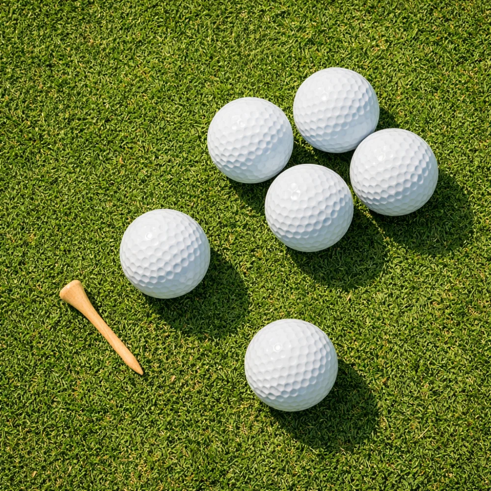 Several golf balls arranged on a simple green background