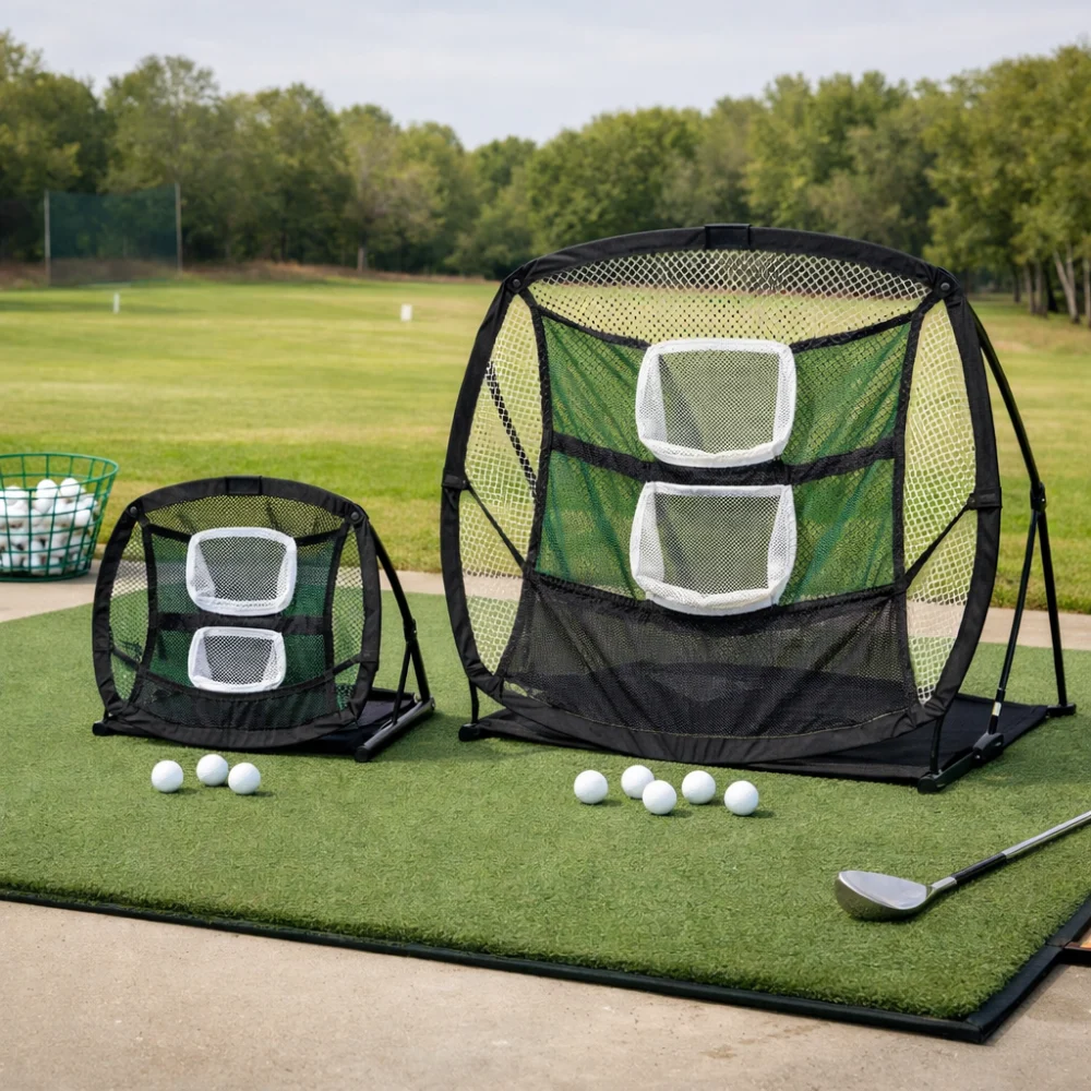 Two golf chipping nets compared by size and setup style