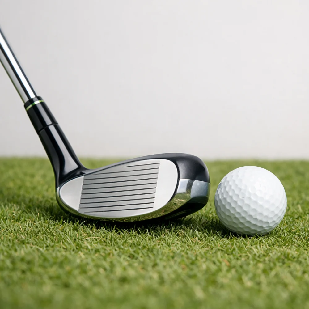 A golf chipper beside a golf ball on short grass
