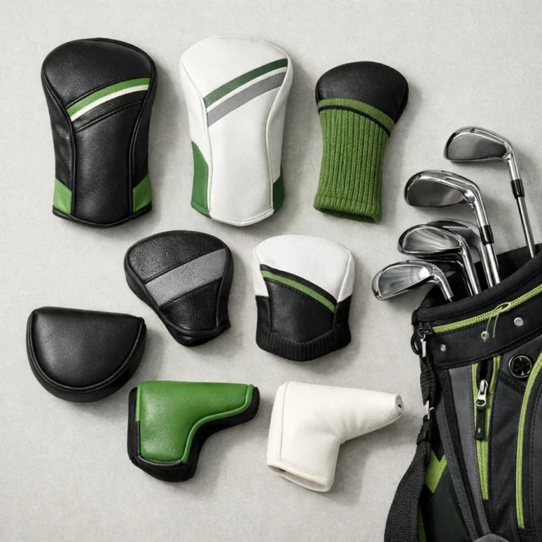 Assorted golf club head covers arranged beside a golf bag
