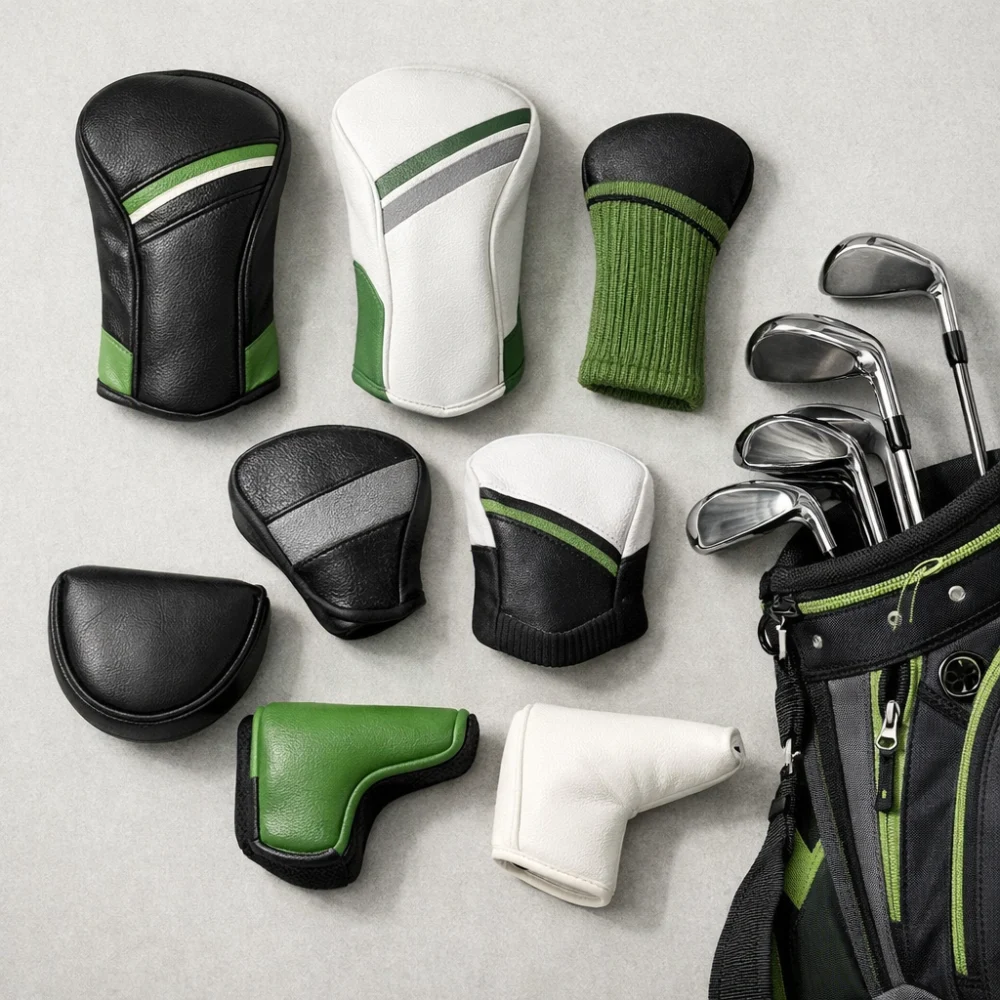 Assorted golf club head covers arranged beside a golf bag