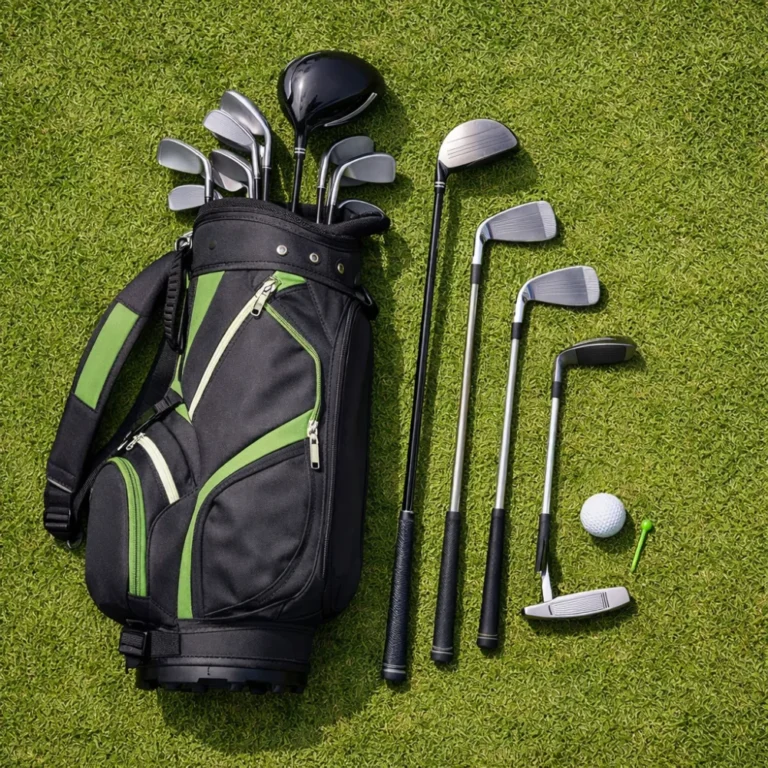 A golf club set with a carry bag arranged on grass