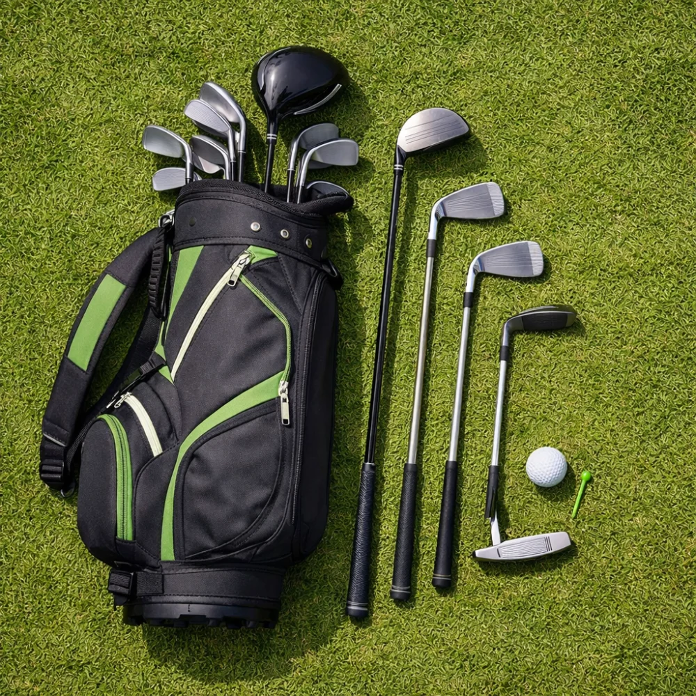 A golf club set with a carry bag arranged on grass