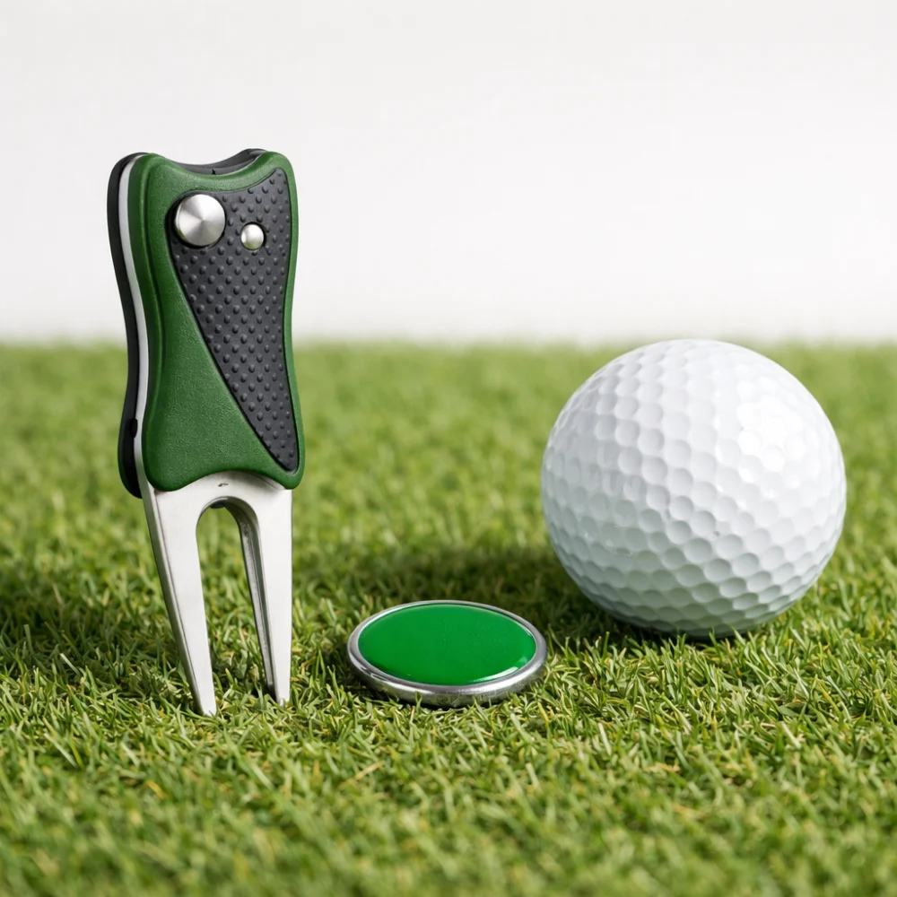 Golf divot tool with ball marker beside a golf ball on short grass