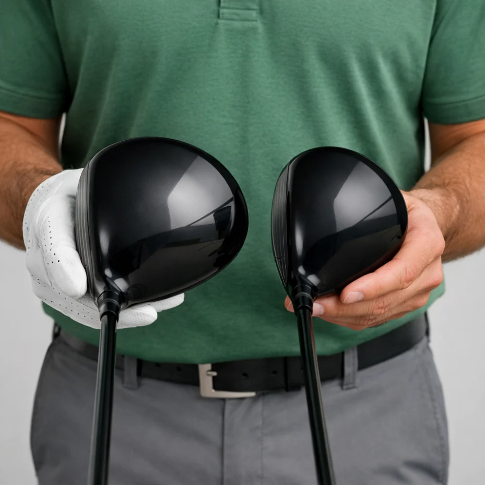 Two golf driver head shapes shown side by side