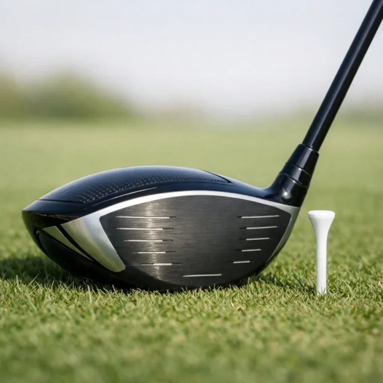 A golf driver on grass beside a tee