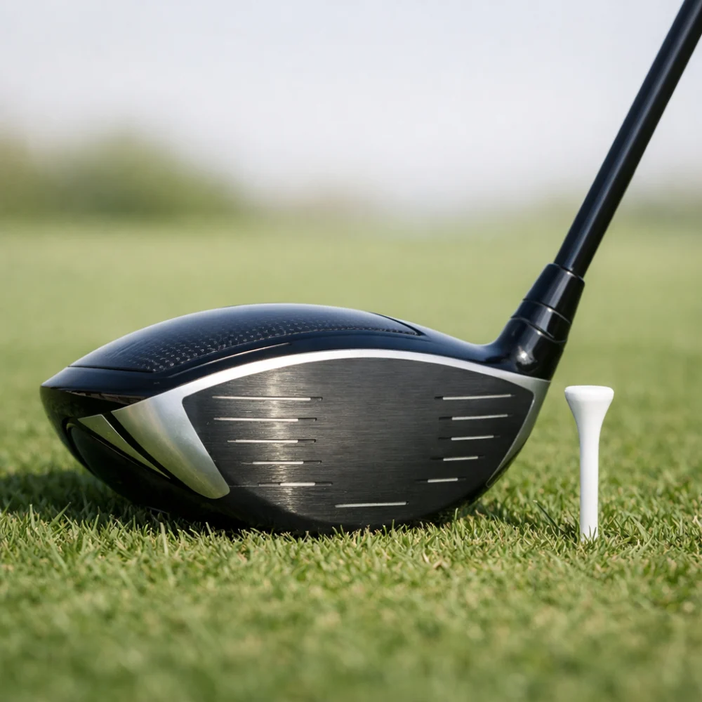A golf driver on grass beside a tee