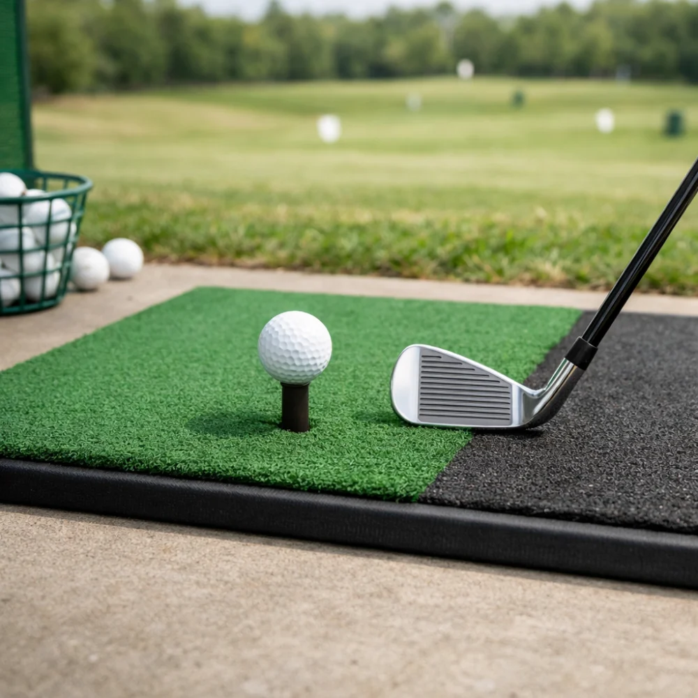 Golf driving range mat with a golf club and ball on a simple practice surface