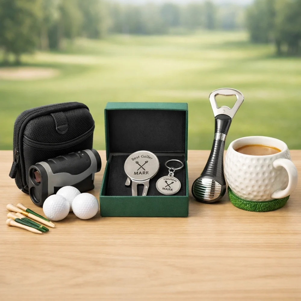 Three different types of golf gift arranged side by side on a table.
