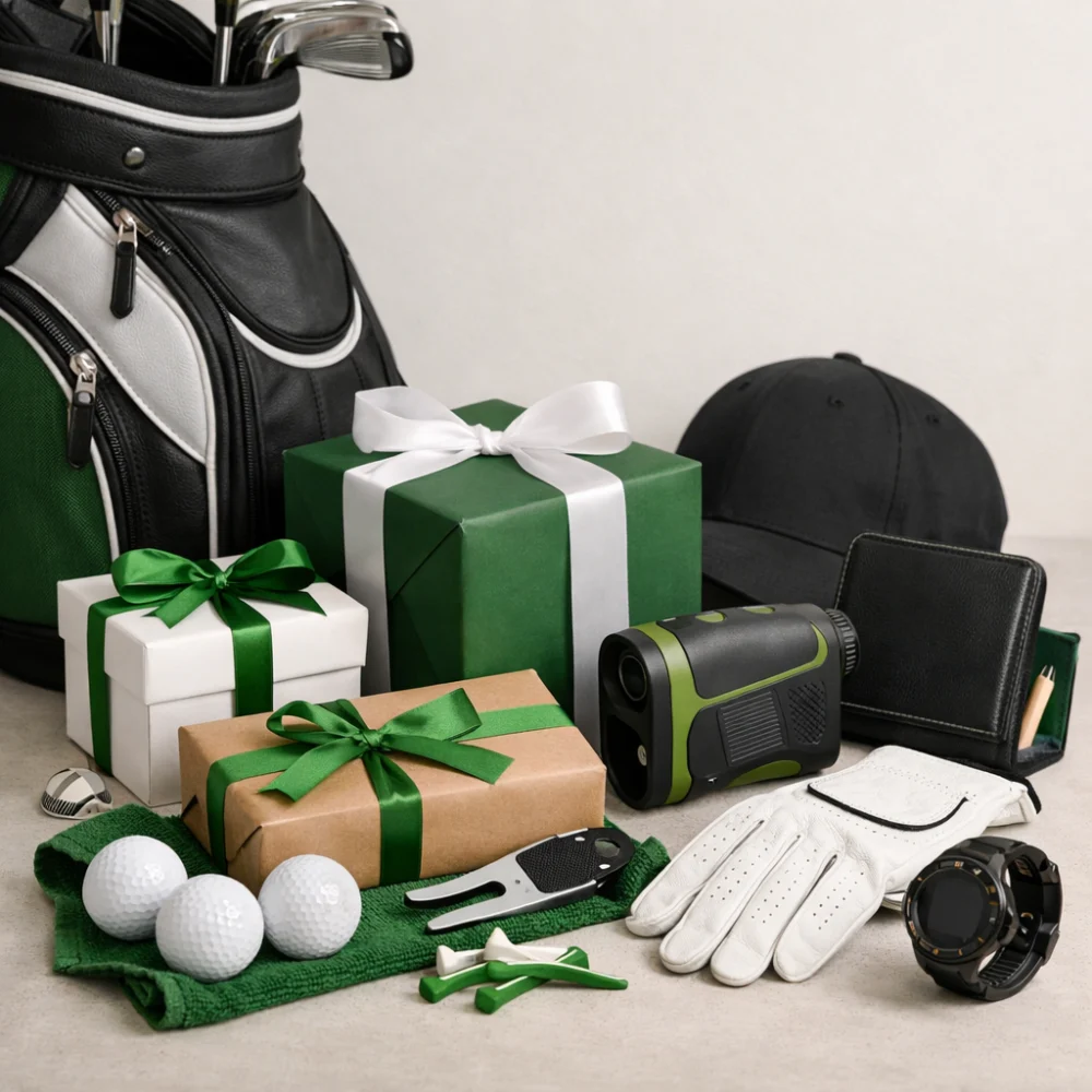 Golf-themed gifts arranged neatly beside a golf bag on a plain background.
